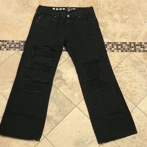 Black Distressed Wide-Leg Jeans